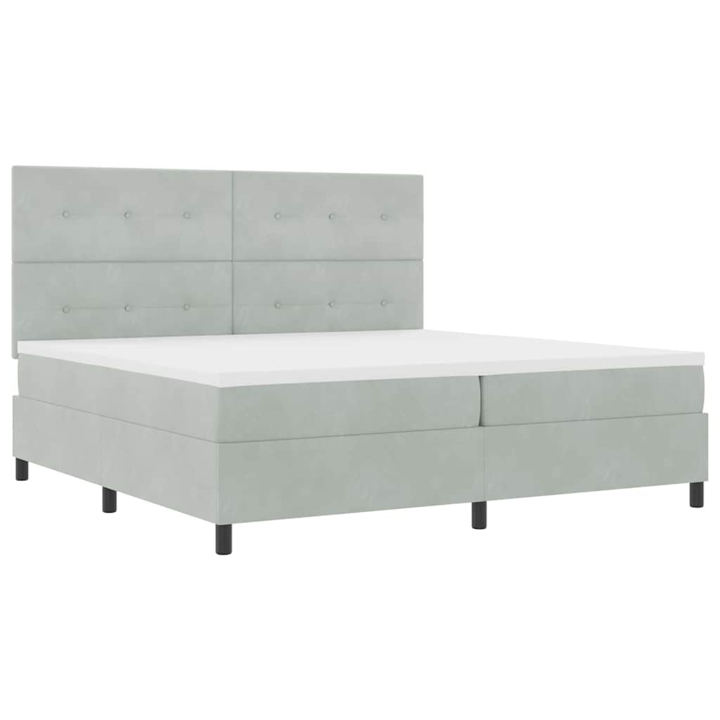 LED Box Spring Bed med hovedgærde Lysegrå 200 x 200 cm Fløjl