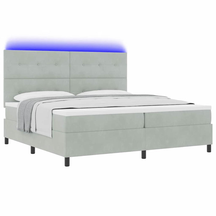 LED Box Spring Bed med hovedgærde Lysegrå 200 x 200 cm Fløjl