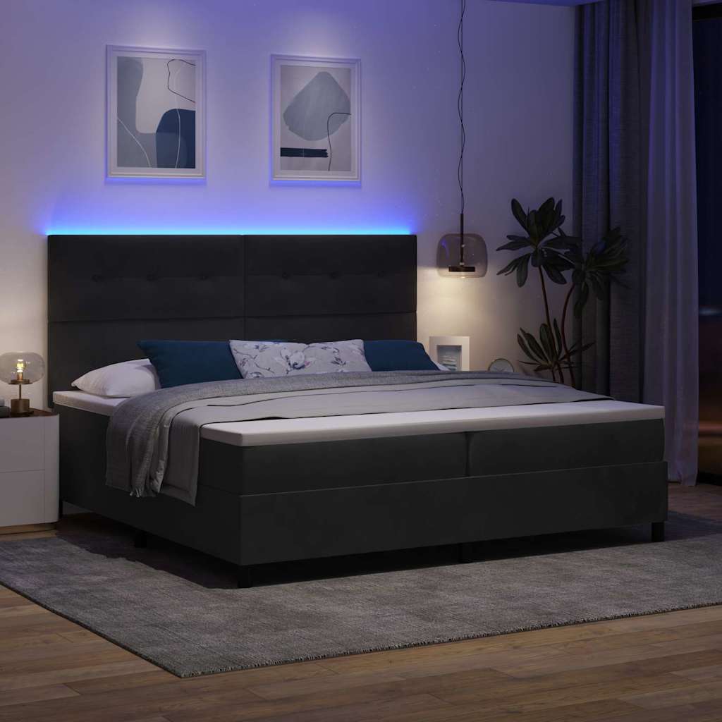 LED Box Spring Bed med hovedgærde Sort 200 x 200 cm Fløjl