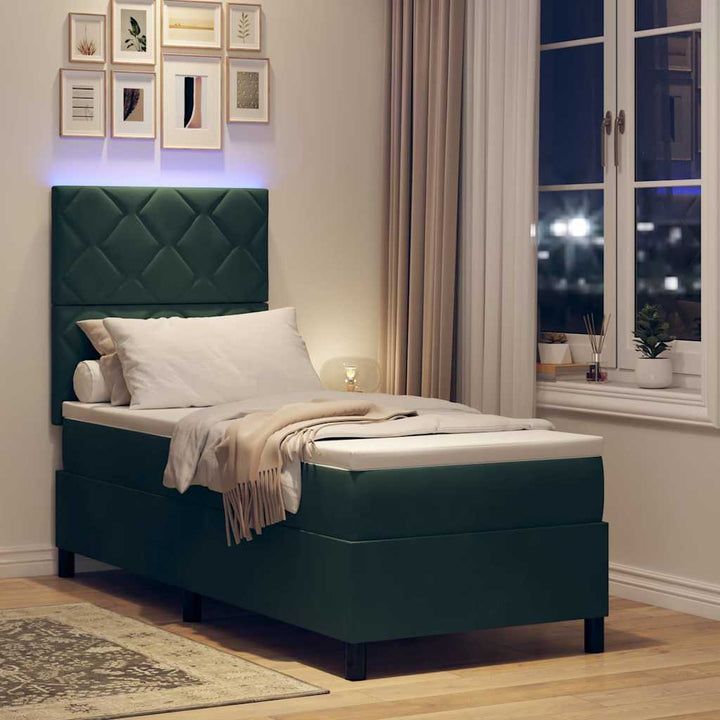 LED Box Spring Bed med hovedgærde Mørkegrøn 80 x 200 cm Fløjl