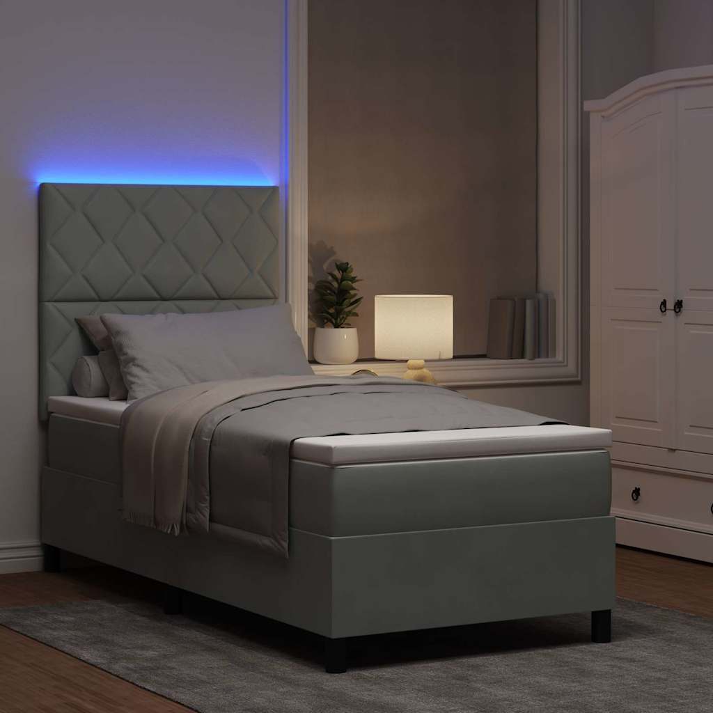 LED Box Spring Bed med hovedgærde Lysegrå 90 x 190 cm Fløjl