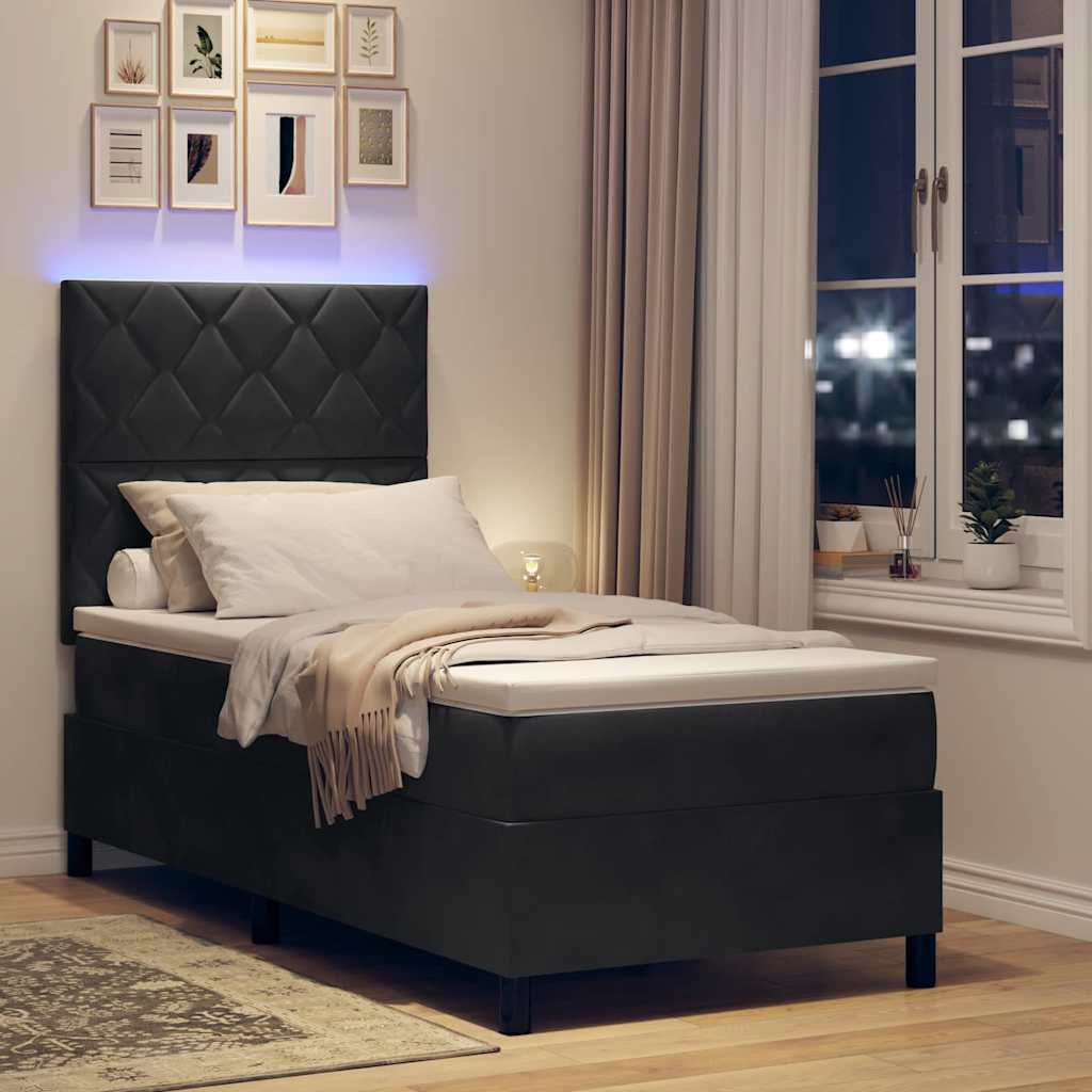 LED Box Spring Bed med hovedgærde Sort 90 x 190 cm Fløjl