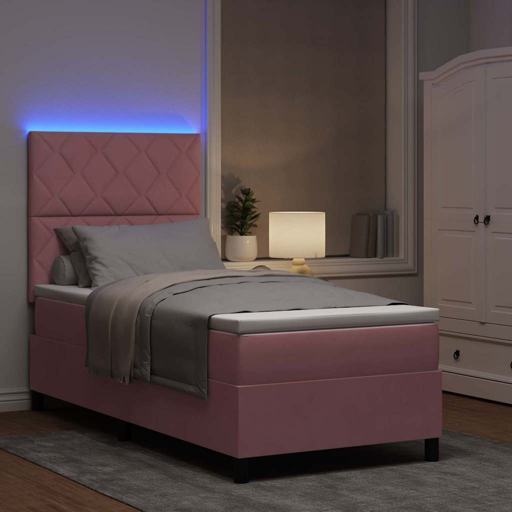 LED Box Spring Bed med hovedgærde Lyserød 90 x 190 cm Fløjl