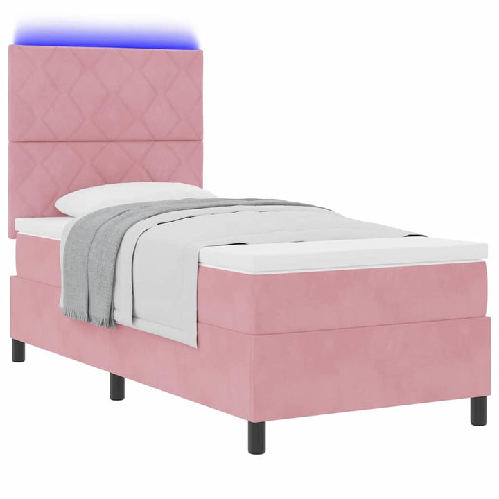 LED Box Spring Bed med hovedgærde Lyserød 90 x 190 cm Fløjl