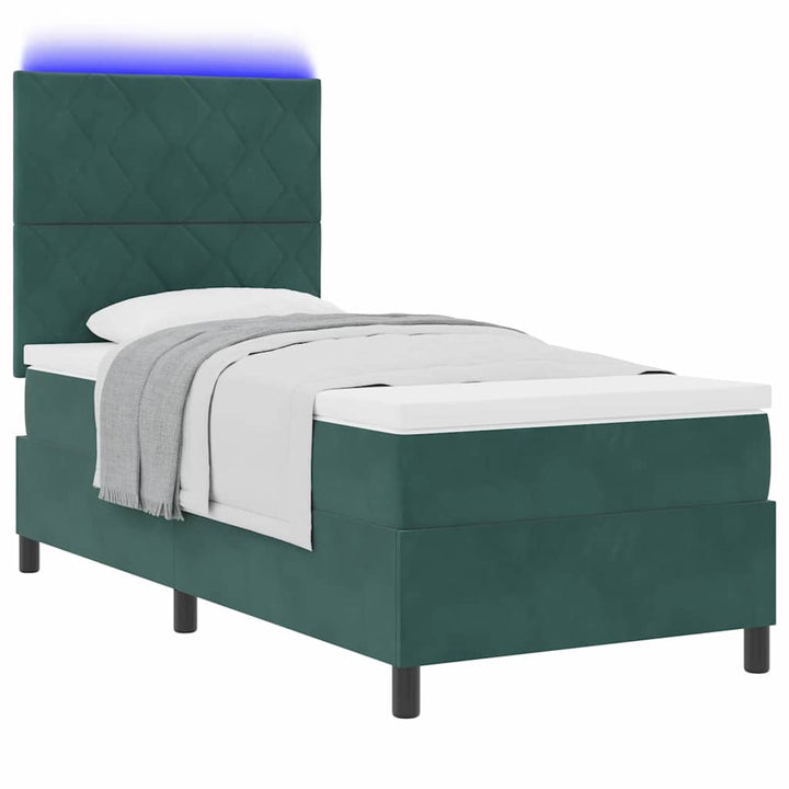 LED Box Spring Bed med hovedgærde Mørkegrøn 100 x 200 cm Fløjl