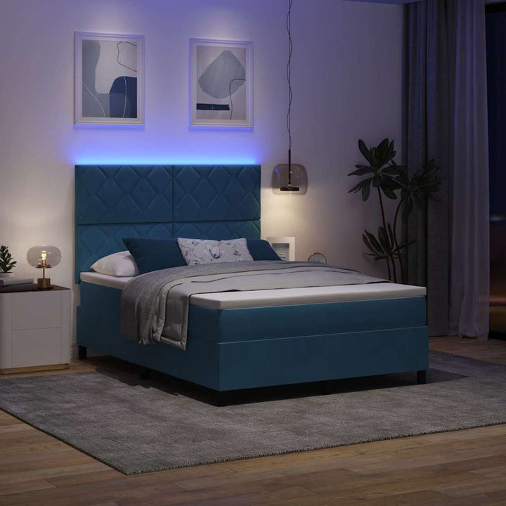 LED Box Spring Bed med hovedgærde Mørk blå 140 x 190 cm Fløjl