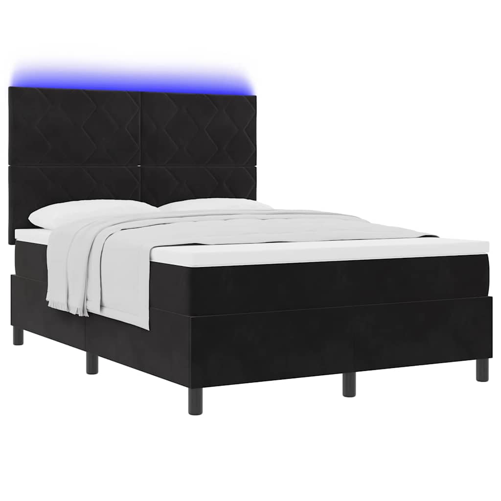 LED Box Spring Bed med hovedgærde Sort 140 x 200 cm Fløjl