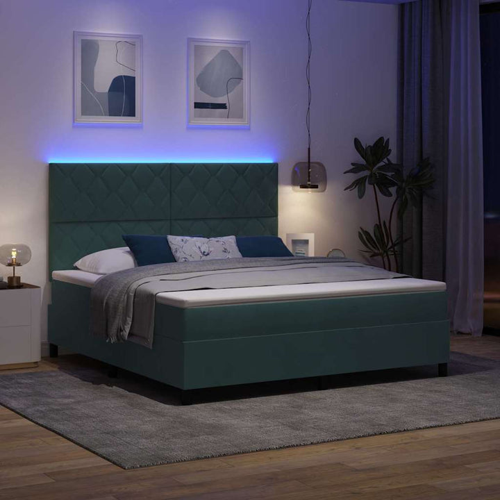 LED Box Spring Bed med hovedgærde Mørkegrøn 180 x 200 cm Fløjl
