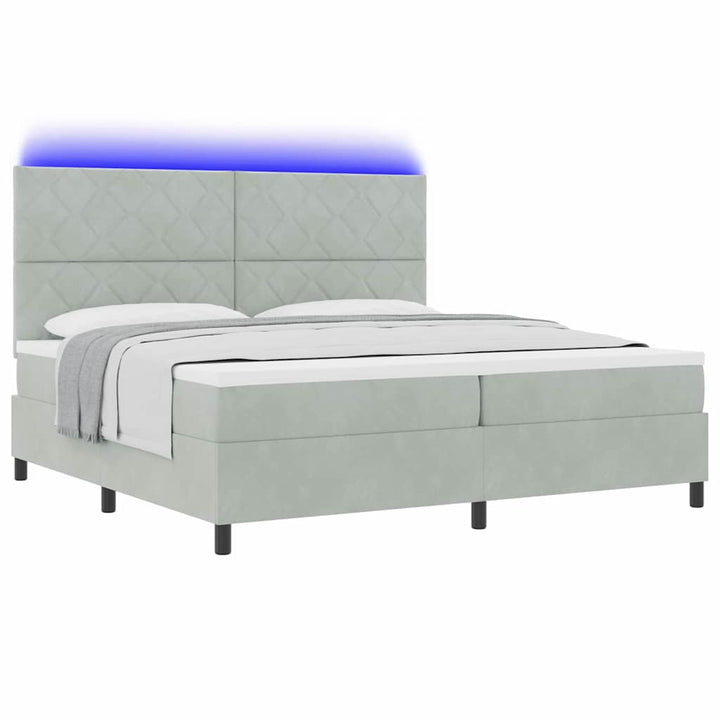 LED Box Spring Bed med hovedgærde Lysegrå 200 x 200 cm Fløjl