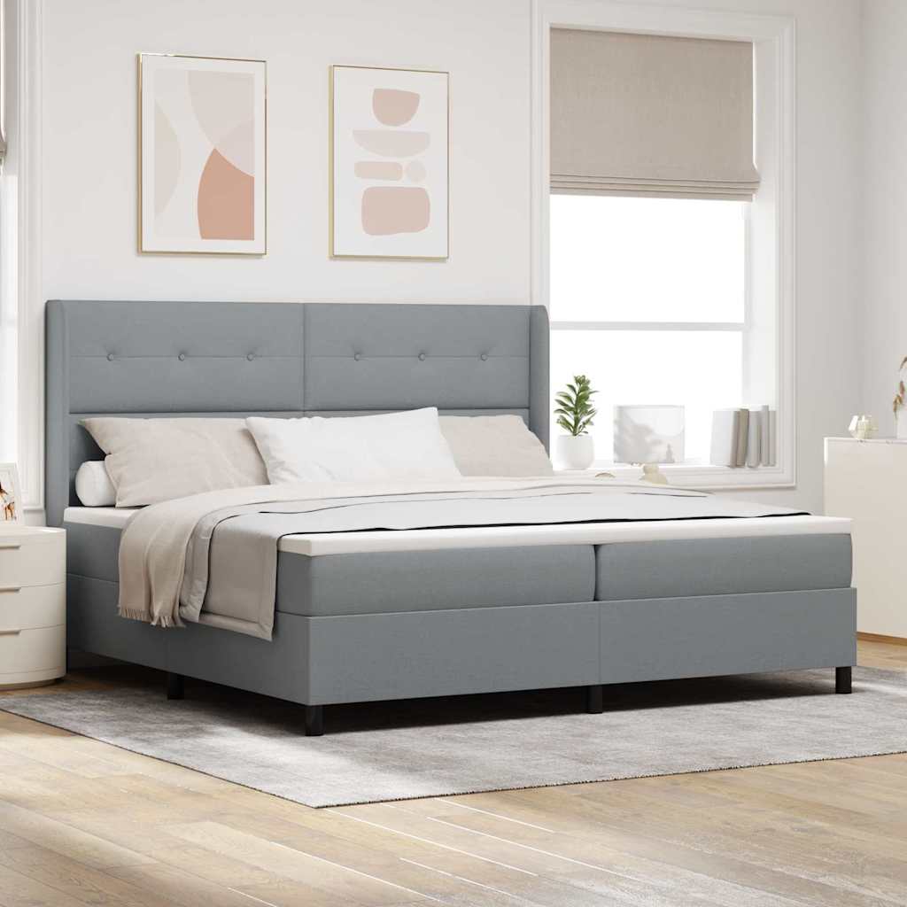 LED Box Spring Bed med hovedgærde Lysegrå 200 x 200 cm Stof