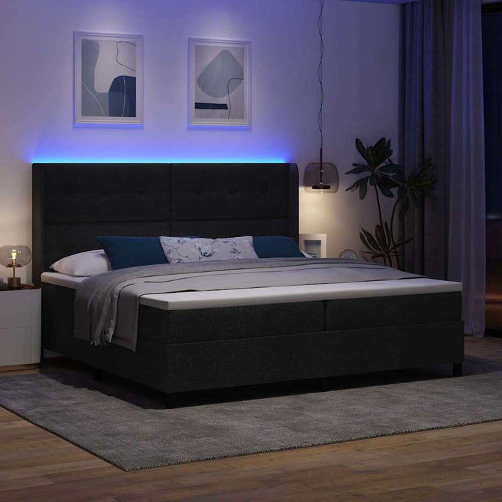 LED Box Spring Bed med hovedgærde Sort 200 x 200 cm Stof