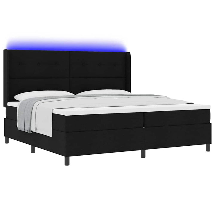 LED Box Spring Bed med hovedgærde Sort 200 x 200 cm Stof