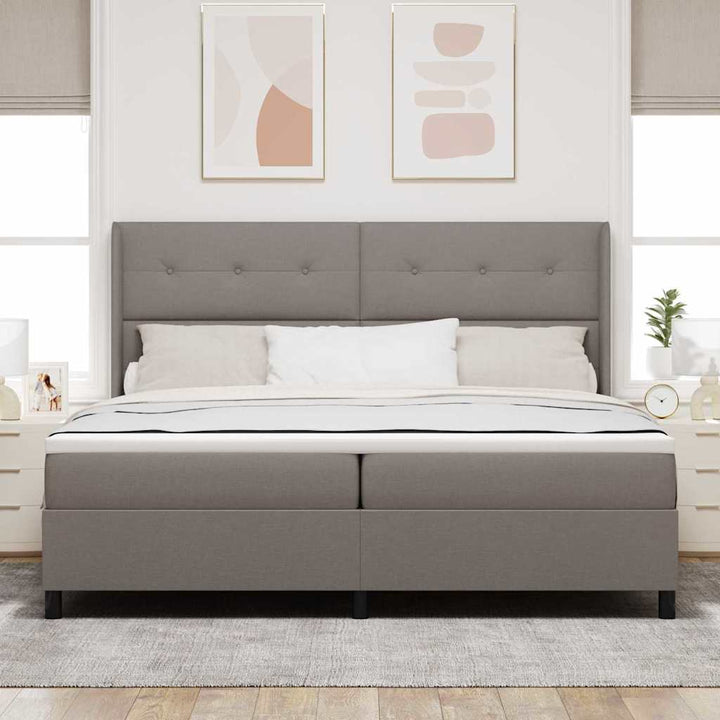 LED Box Spring Bed med hovedgærde Gråbrun 200 x 200 cm Stof