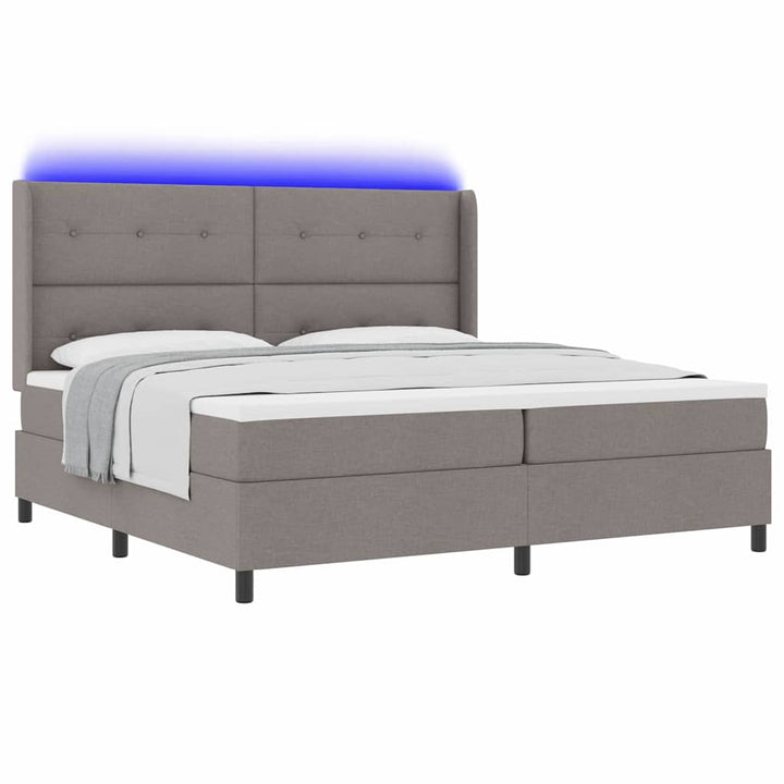 LED Box Spring Bed med hovedgærde Gråbrun 200 x 200 cm Stof