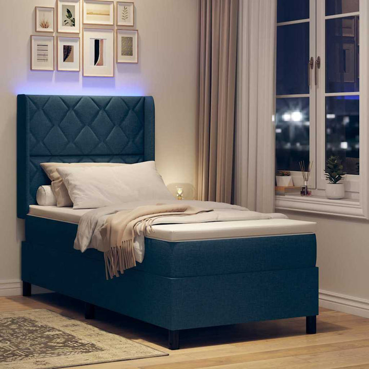 LED Box Spring Bed med hovedgærde Blå 90 x 200 cm Stof