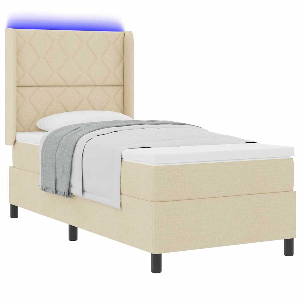 LED Box Spring Bed med hovedgærde Creme 100 x 200 cm Stof