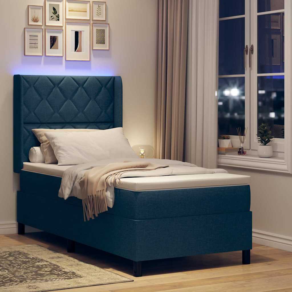 LED Box Spring Bed med hovedgærde Blå 100 x 200 cm Stof