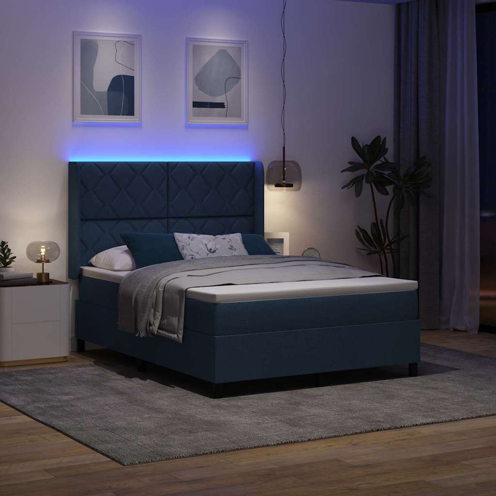 LED Box Spring Bed med hovedgærde Blå 140 x 190 cm Stof
