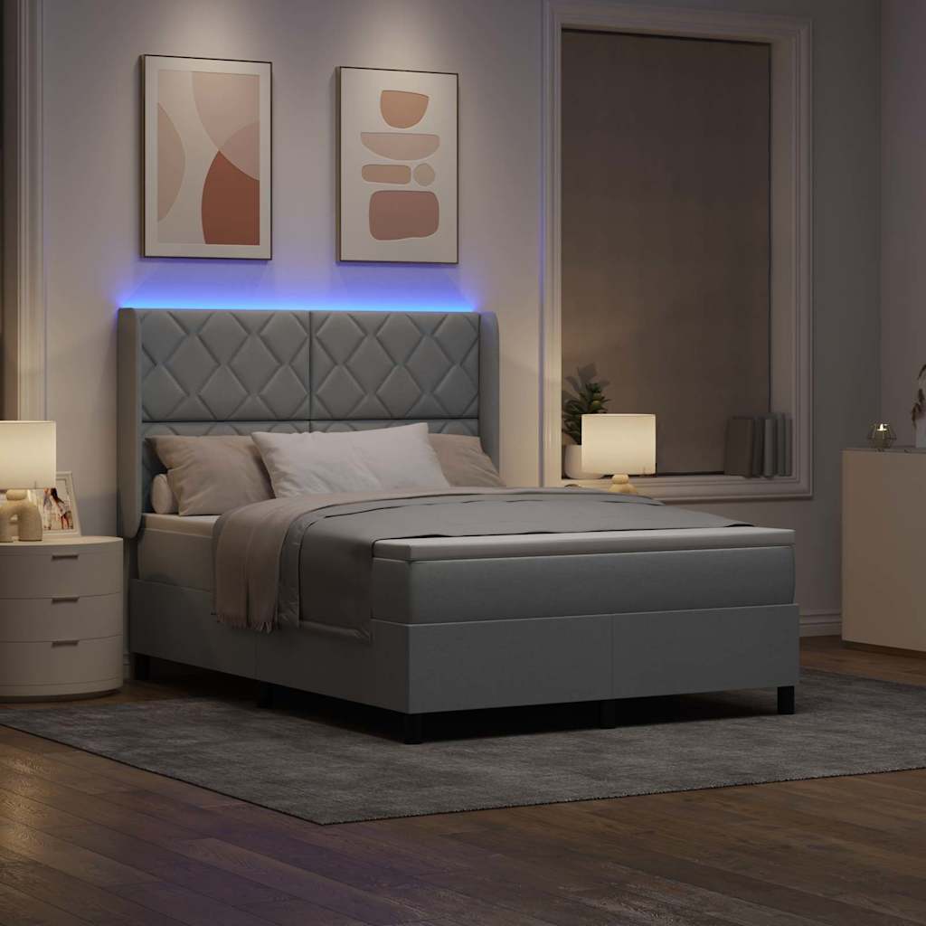LED Box Spring Bed med hovedgærde Lysegrå 140 x 200 cm Stof