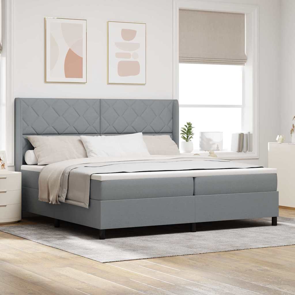 LED Box Spring Bed med hovedgærde Lysegrå 200 x 200 cm Stof