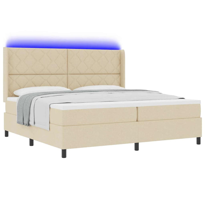 LED Box Spring Bed med hovedgærde Creme 200 x 200 cm Stof