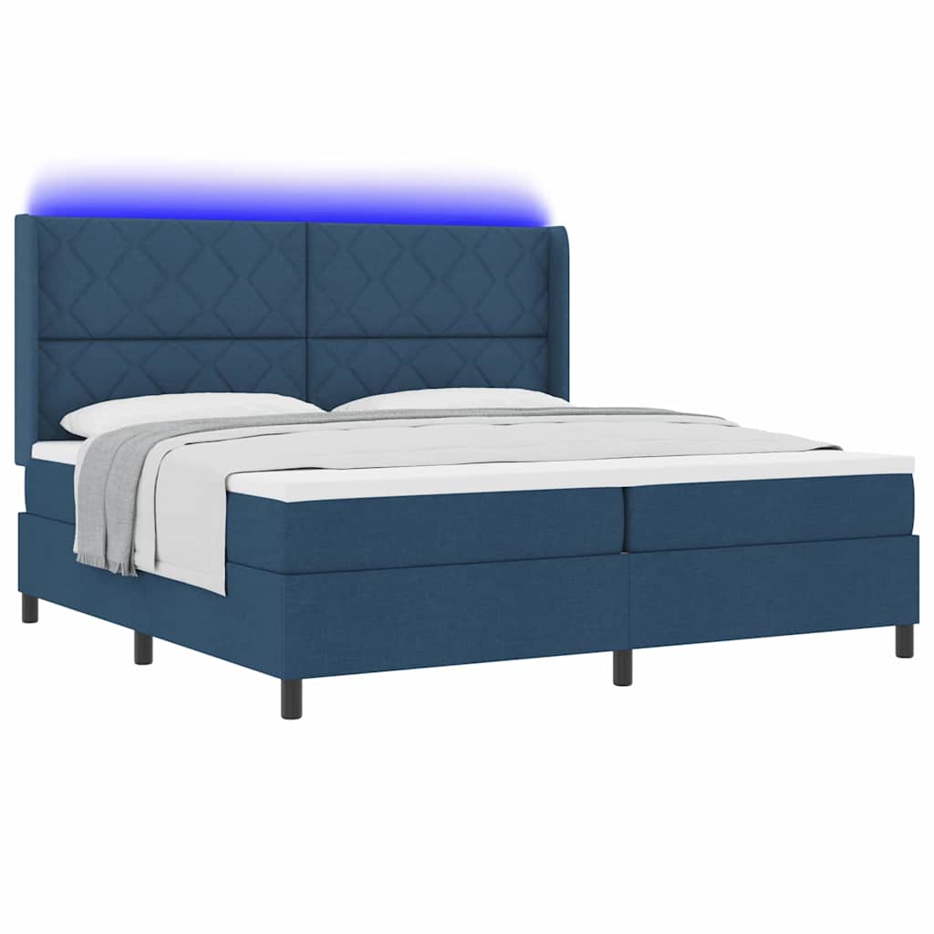 LED Box Spring Bed med hovedgærde Blå 200 x 200 cm Stof