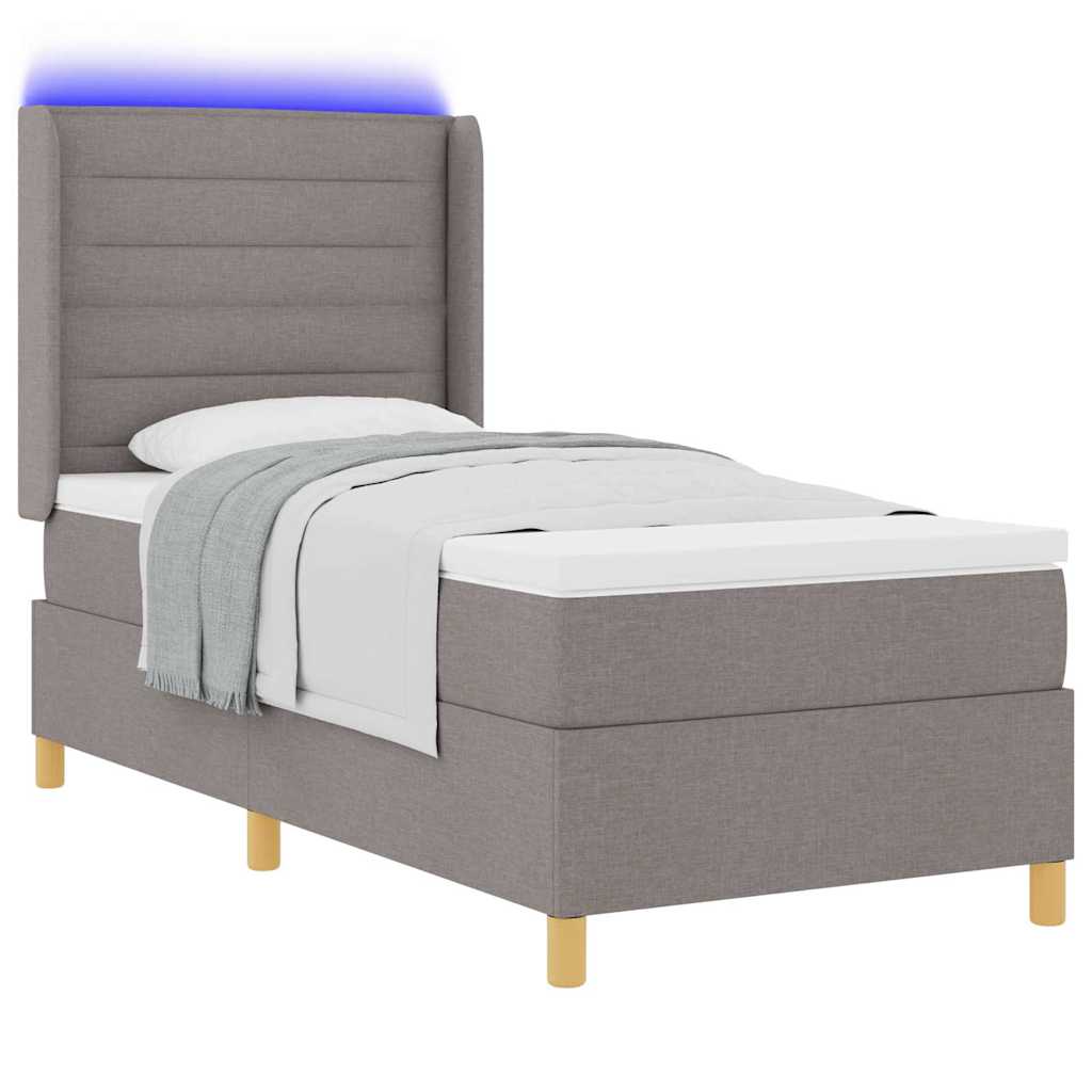 Box spring seng med LED-lysstrimler Gråbrun 90 x 200 cm Stof
