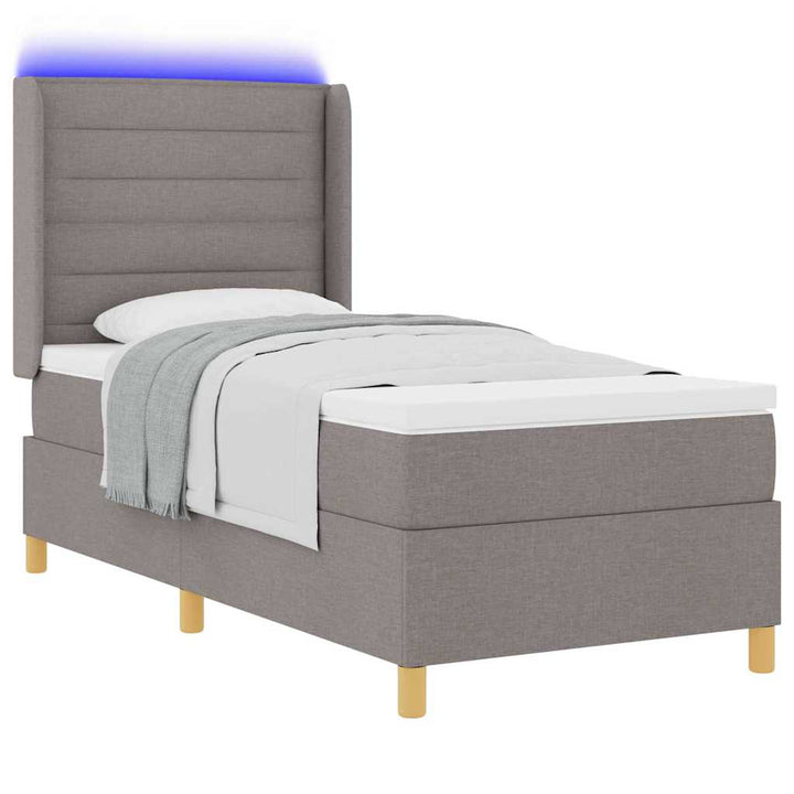 Box spring seng med LED-lysstrimler Gråbrun 90 x 200 cm Stof