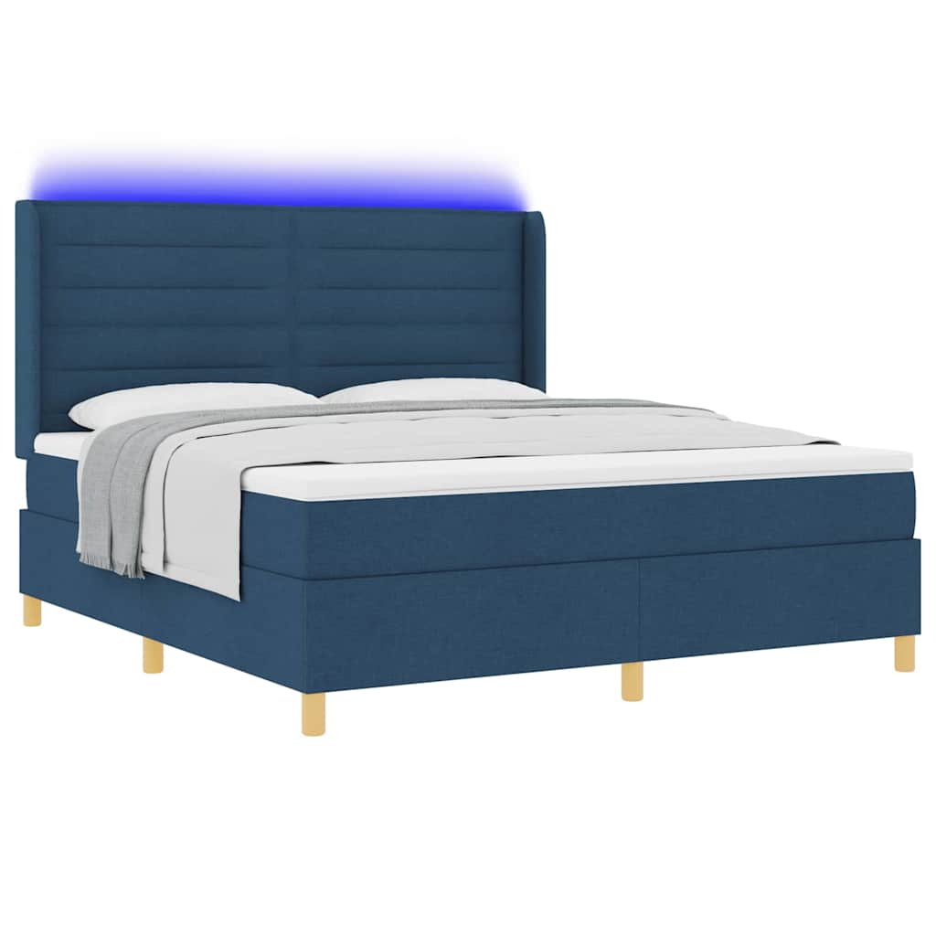 Box spring seng med LED-lysstrimler Blå 180 x 200 cm Stof