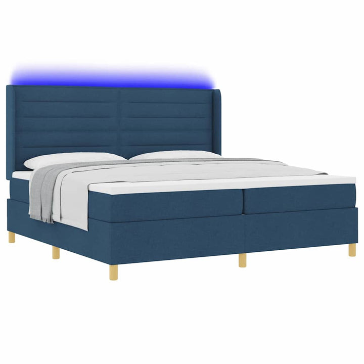 Box spring seng med LED-lysstrimler Blå 200 x 200 cm Stof