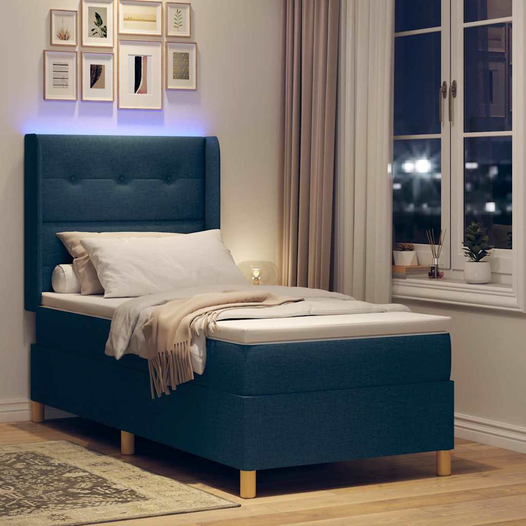 Box spring seng med LED-lysstrimler Blå 90 x 190 cm Stof