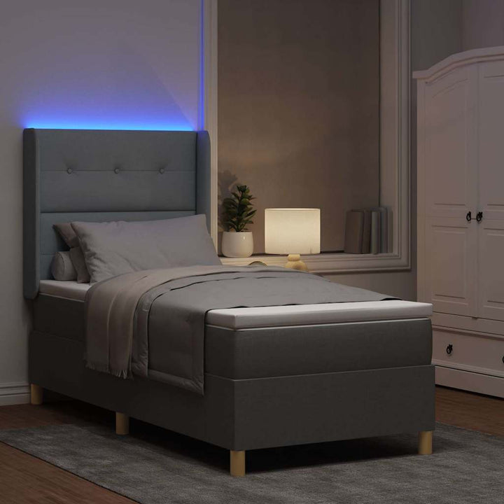 Box spring seng med LED-lysstrimler Lysegrå 90 x 200 cm Stof