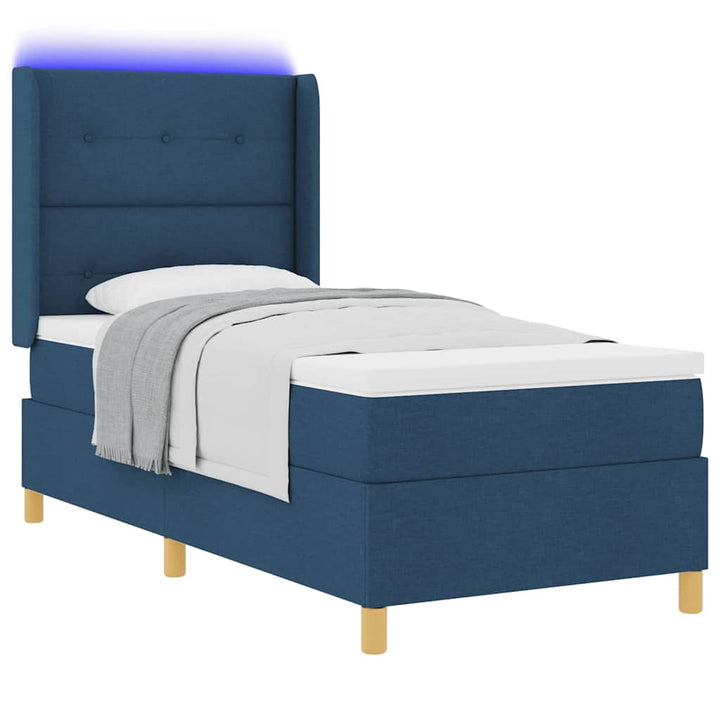Box spring seng med LED-lysstrimler Blå 90 x 200 cm Stof