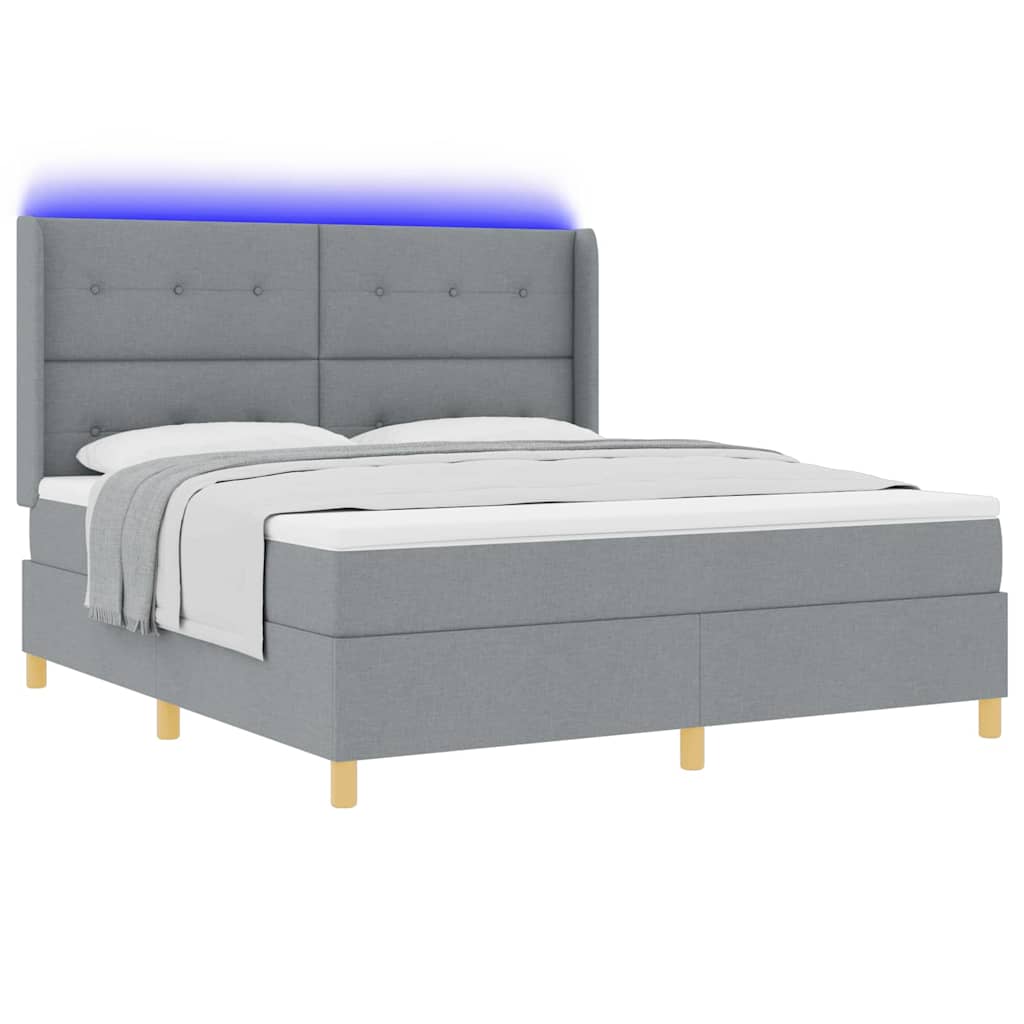 Box spring seng med LED-lysstrimler Lysegrå 180 x 200 cm Stof