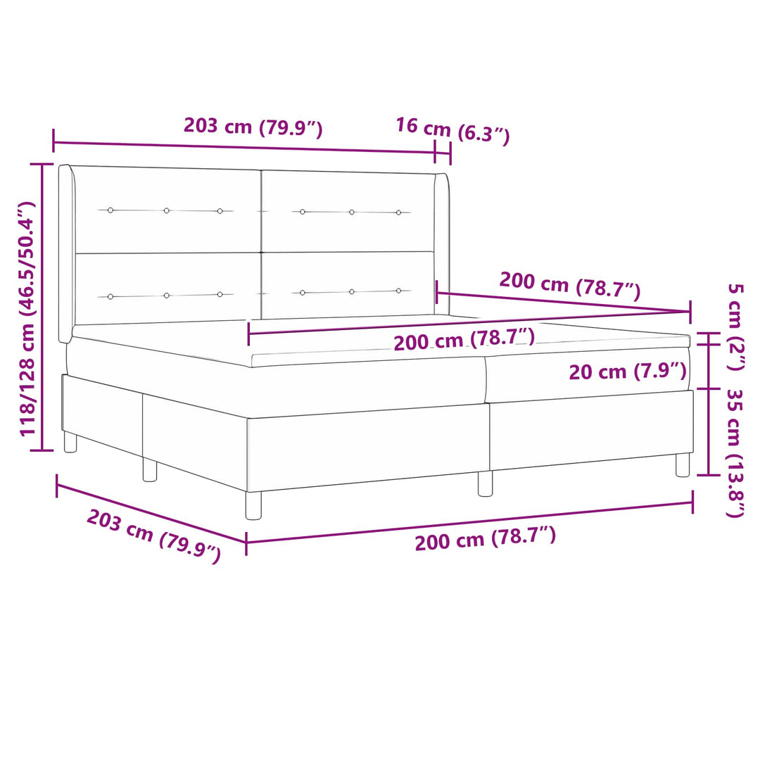 Box spring seng med LED-lysstrimler Grå 200 x 200 cm Stof