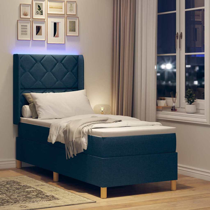 Box spring seng med LED-lysstrimler Blå 80 x 200 cm Stof