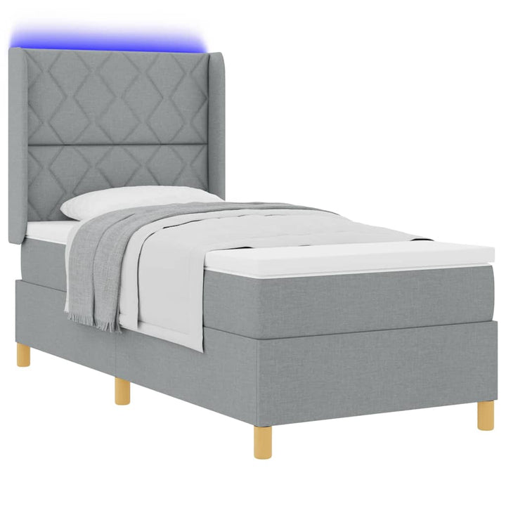 Box spring seng med LED-lysstrimler Lysegrå 90 x 200 cm Stof