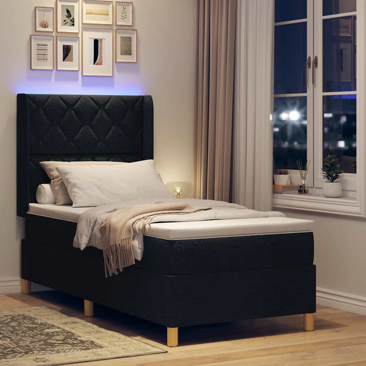 Box spring seng med LED-lysstrimler Sort 90 x 200 cm Stof