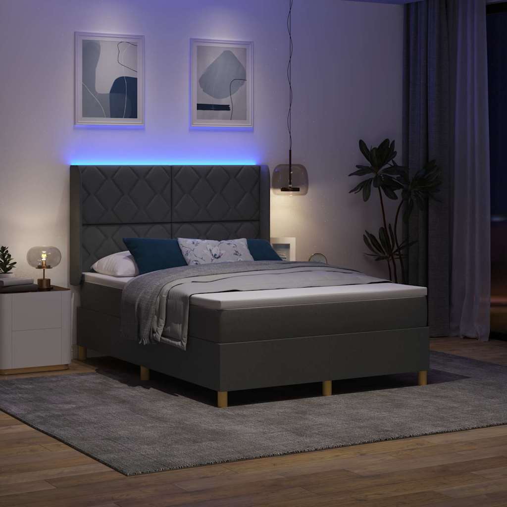 Box spring seng med LED-lysstrimler Grå 140 x 190 cm Stof