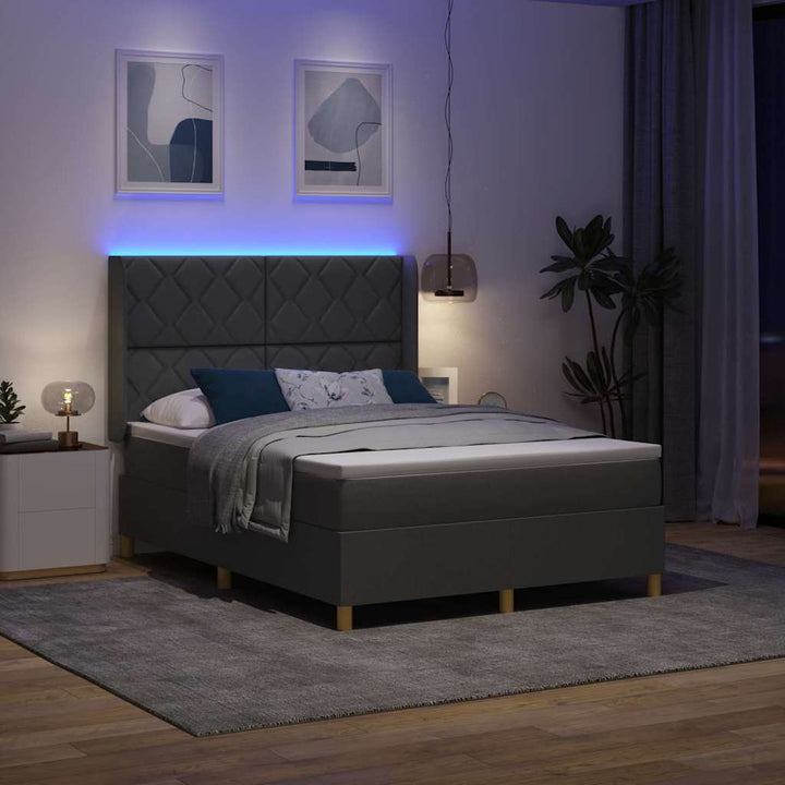 Box spring seng med LED-lysstrimler Grå 140 x 200 cm Stof