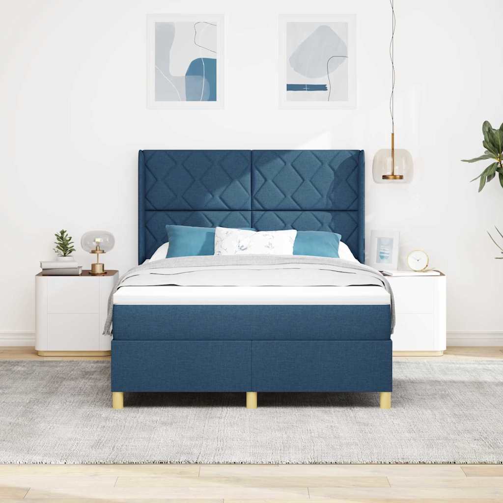 Box spring seng med LED-lysstrimler Blå 140 x 200 cm Stof