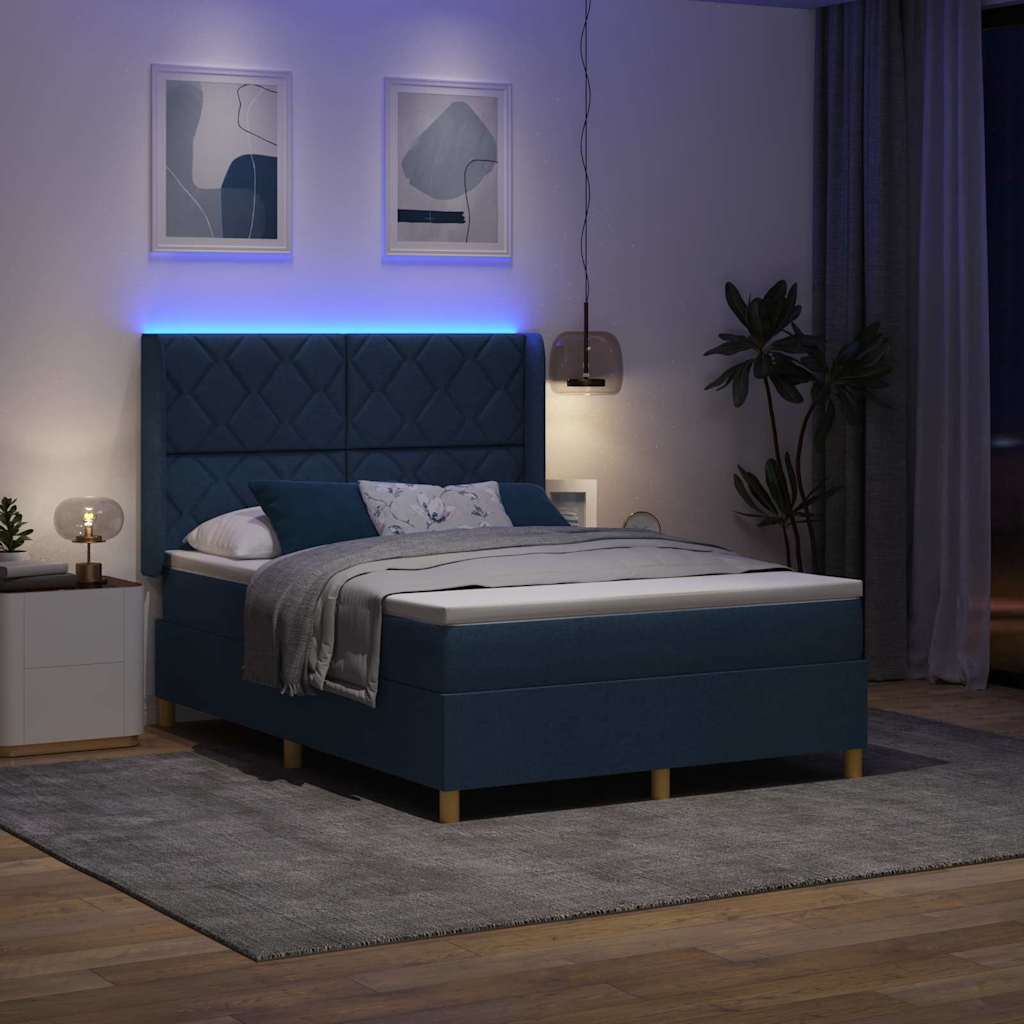 Box spring seng med LED-lysstrimler Blå 160 x 200 cm Stof