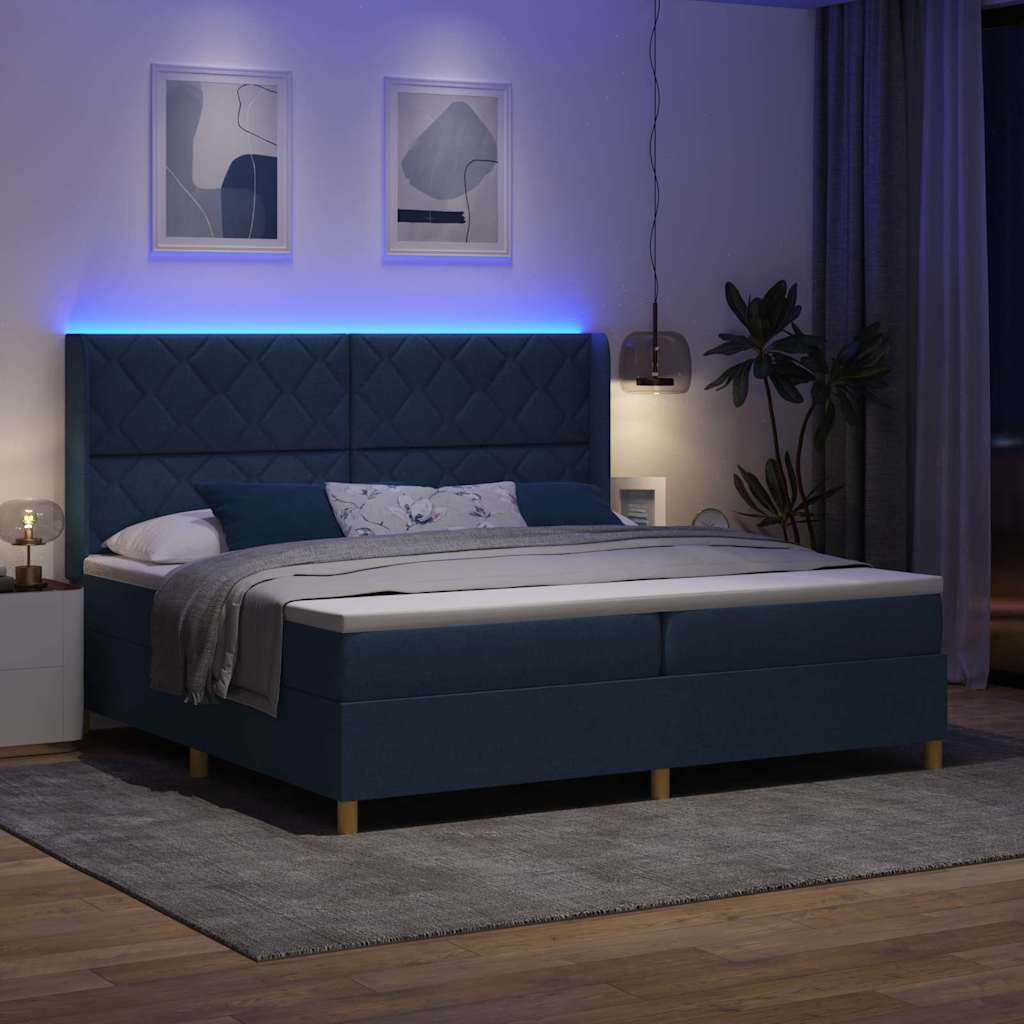 Box spring seng med madras med LED Blå 200 x 200 cm Stof