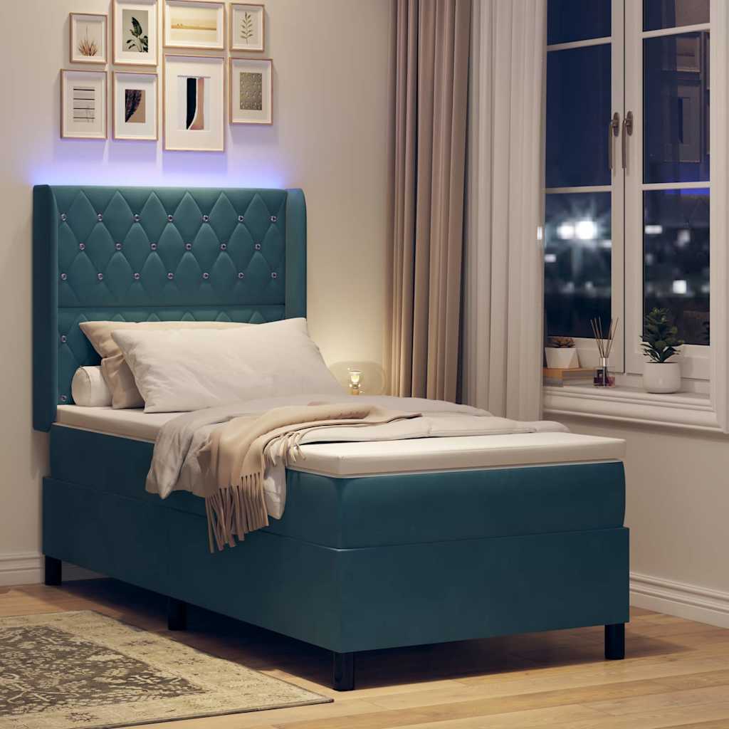 Box spring seng med madras med LED Blå 90 x 190 cm Fløjl