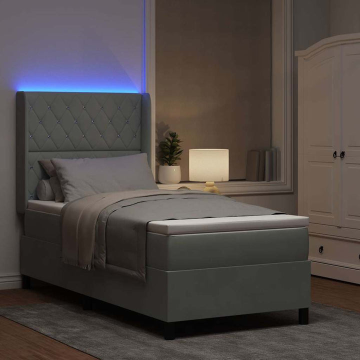 Box spring seng med madras med LED Lysegrå 90 x 200 cm Fløjl