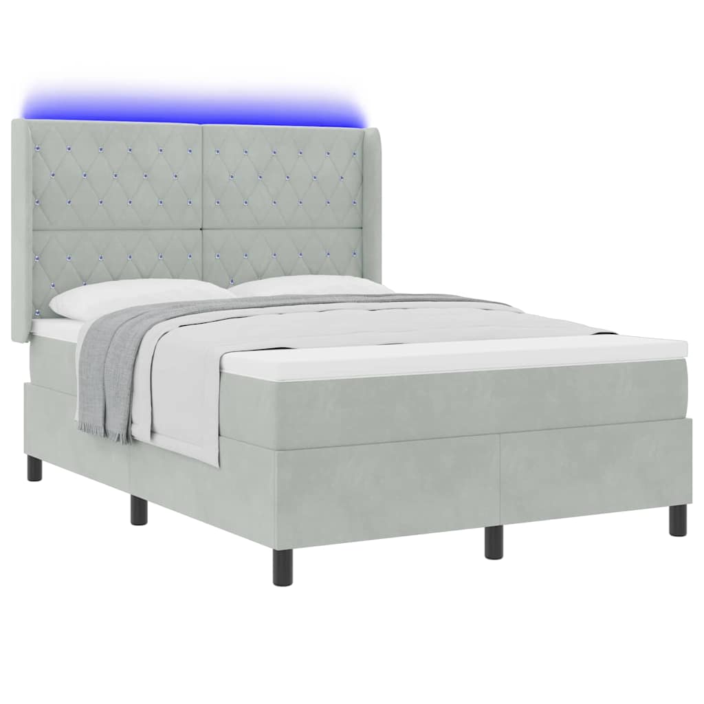Box spring seng med LED-lysstrimler Lysegrå 140 x 200 cm Fløjl