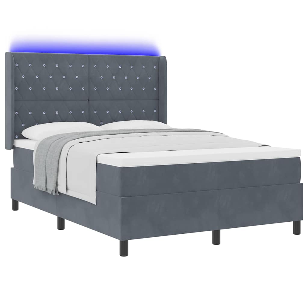 Box spring seng med LED-lysstrimler Mørkegrå 140 x 200 cm Fløjl