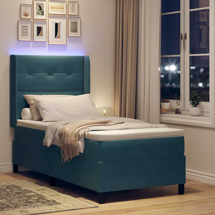 Box spring seng med madras med LED Blå 90 x 200 cm Fløjl