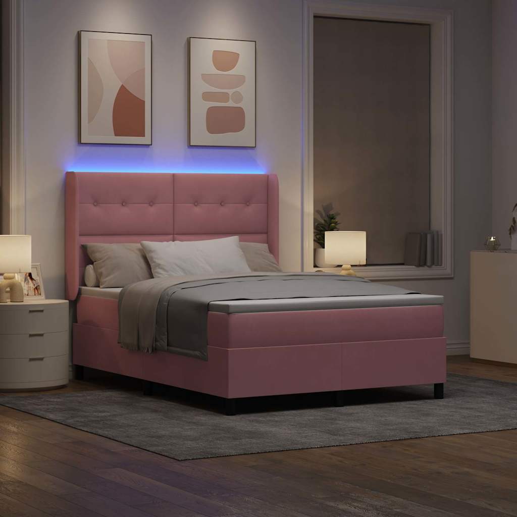 Box spring seng med LED-lysstrimler Lyserød 140 x 200 cm Fløjl