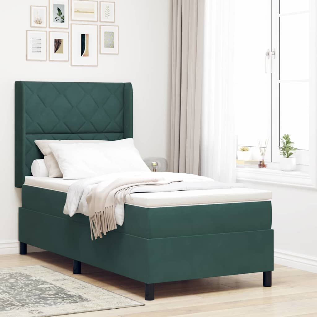 Box spring seng med LED-lysstrimler Mørkegrøn 90 x 190 cm Fløjl